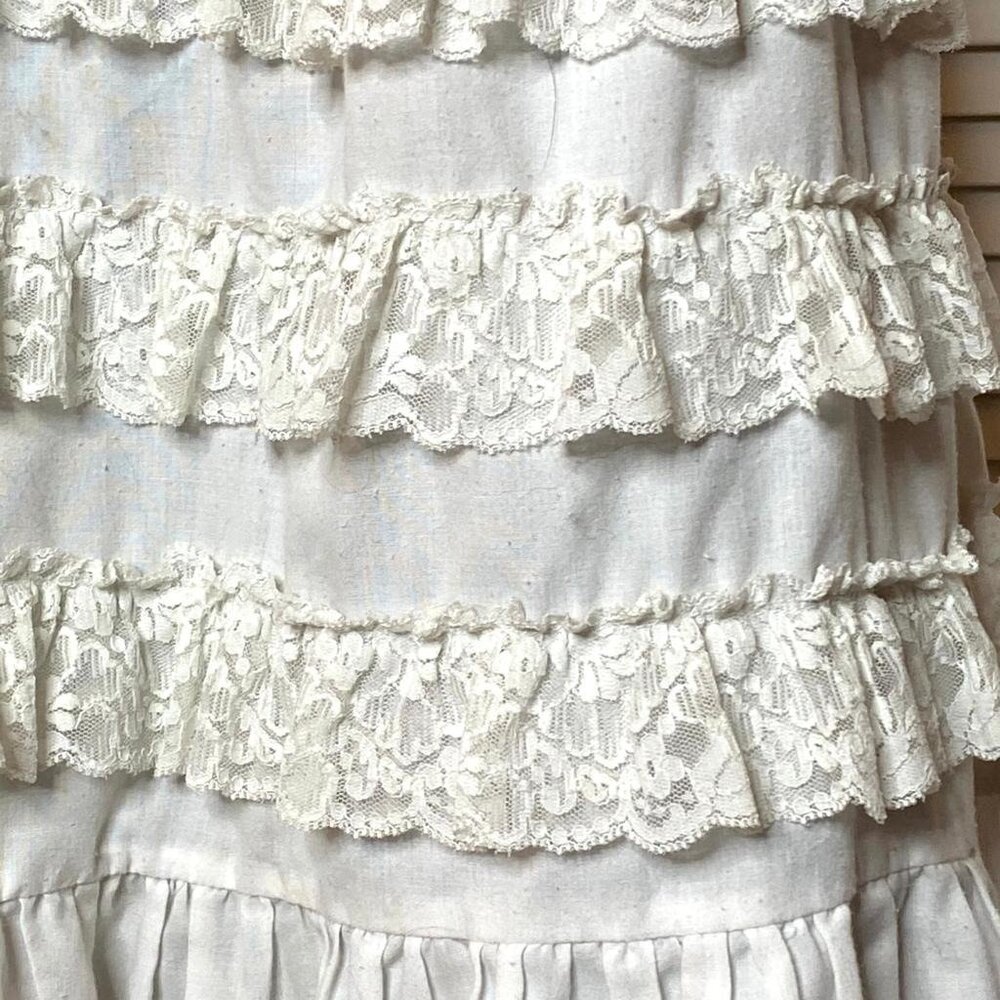 2000s JACKIE ROSE White Tiered Lace Trim Cotton Mid-Length Skirt France T2 S - Picture 2 of 8